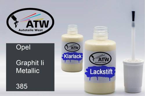 Opel, Graphit Ii Metallic, 385: 20ml Lackstift + 20ml Klarlack - Set, von ATW Autoteile West.